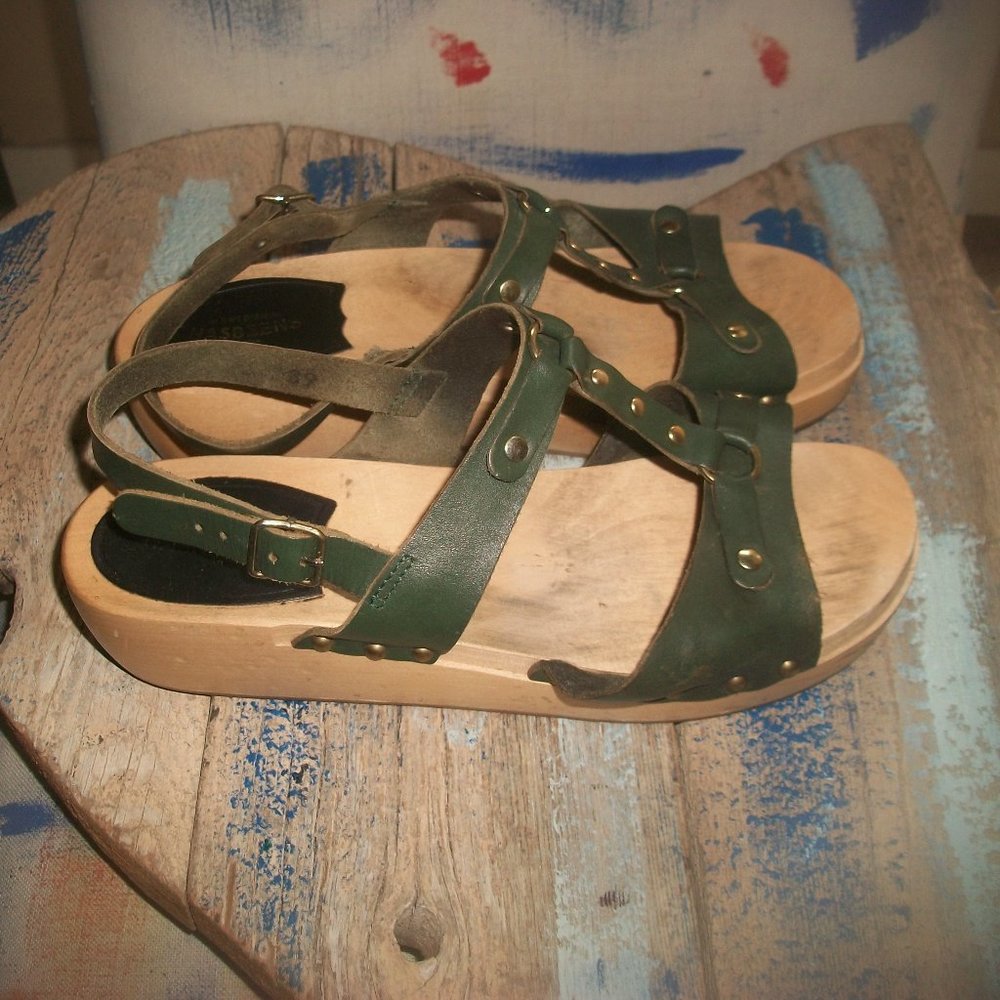 Swedish Hasbeens Studded-Green-Leather & Wood T-Strap Clog Sandals